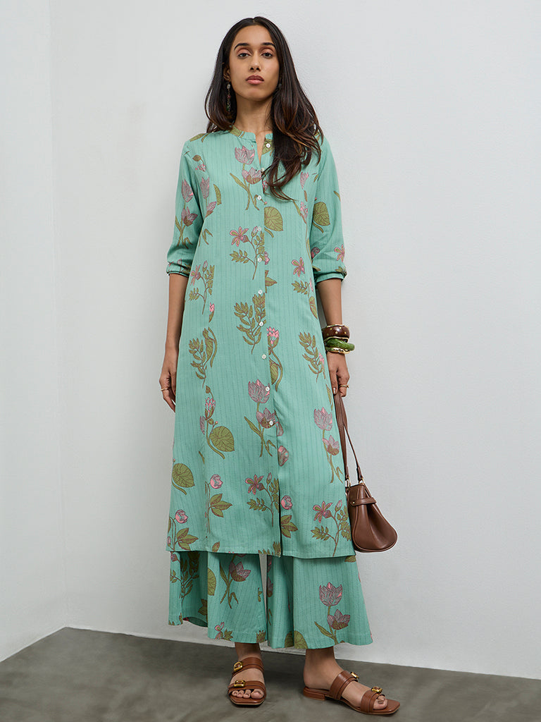 Utsa Aqua Foliage Pattern Palazzos