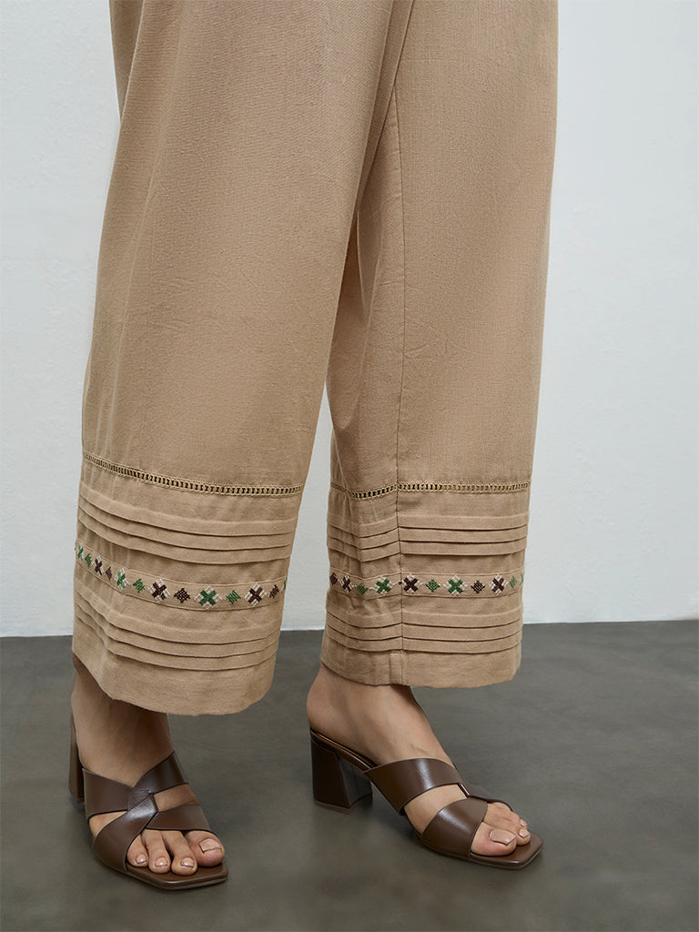 Utsa Beige Pintuck Detailed Cotton-Blend Ethnic Pants