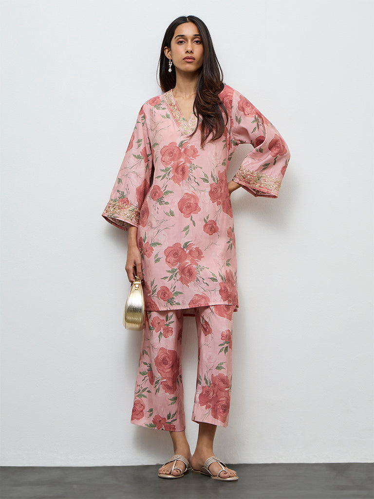 Utsa Dusty Pink Botanical Design Ethnic Pants