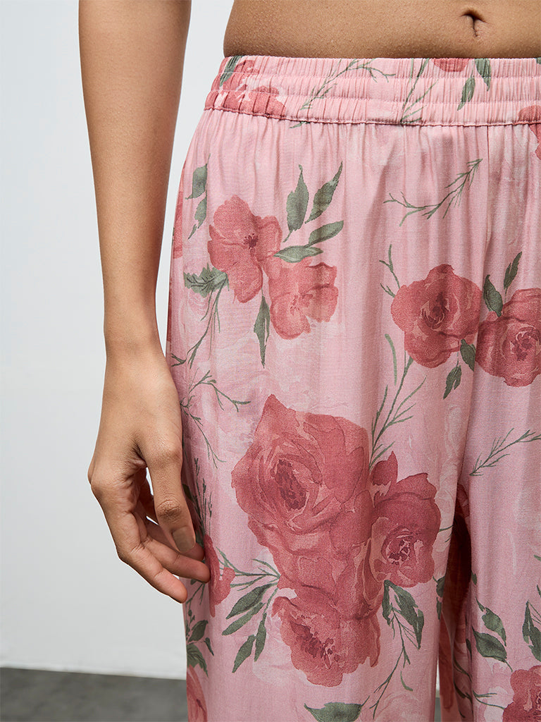 Utsa Dusty Pink Botanical Design Ethnic Pants