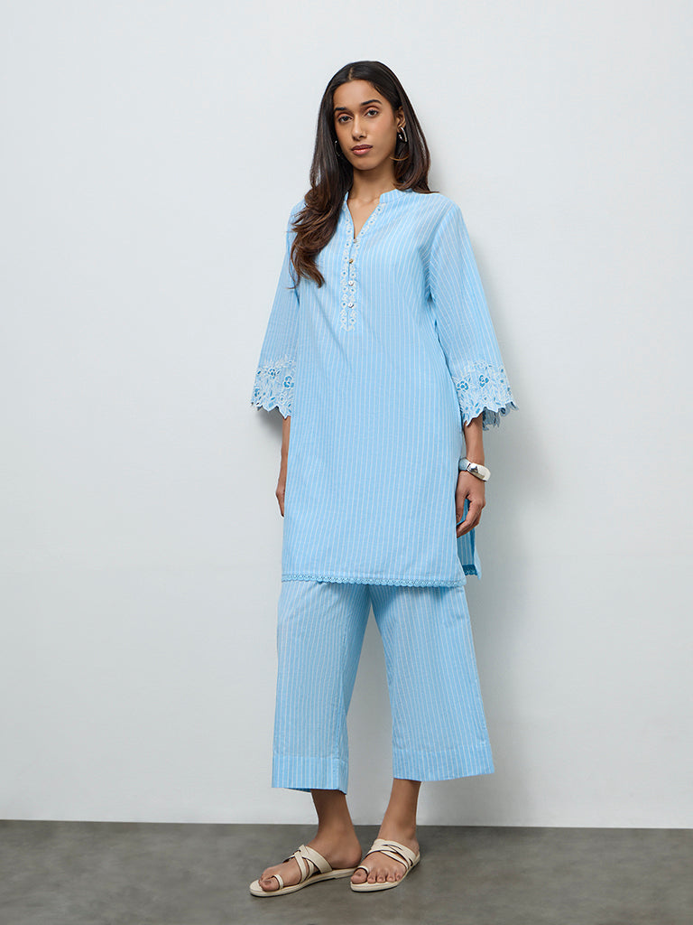 Utsa Blue Striped Cotton Pants