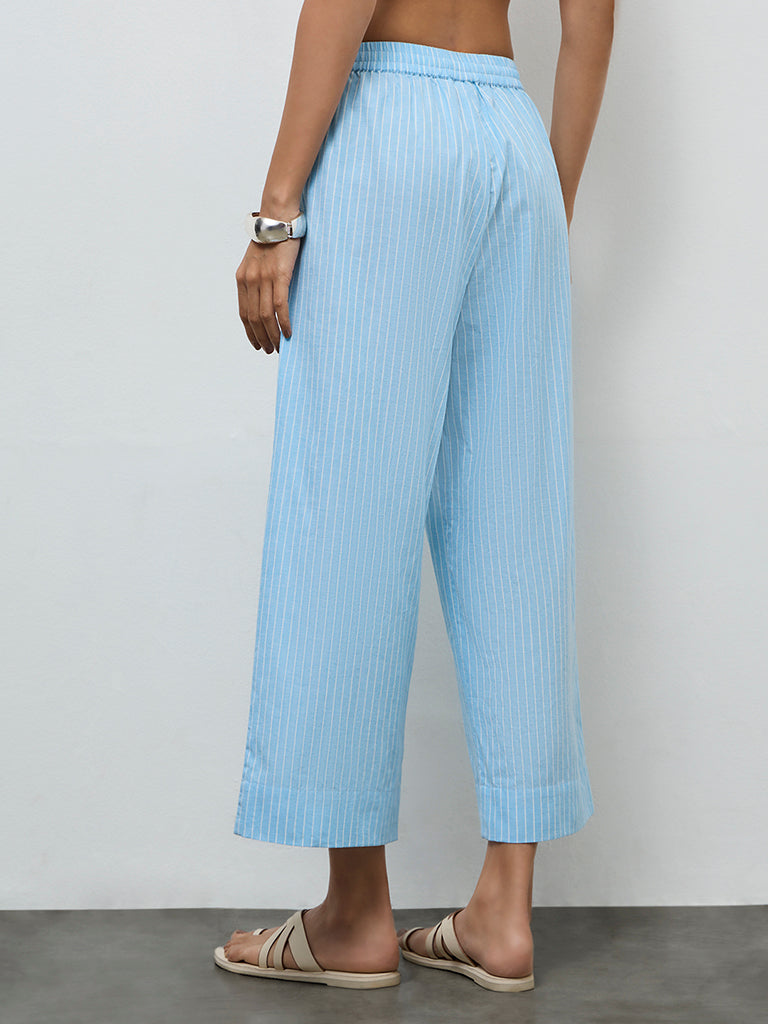 Utsa Blue Striped Cotton Pants