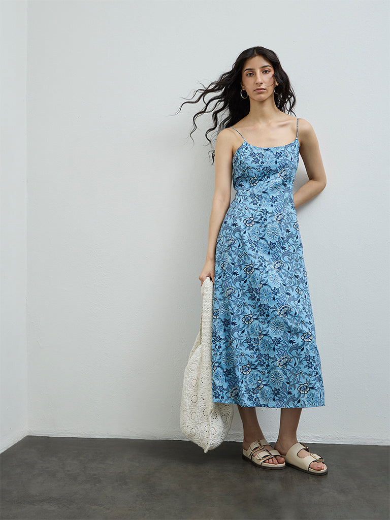 Bombay Paisley Blue Botanical Printed Cotton-Blend A-Line Dress