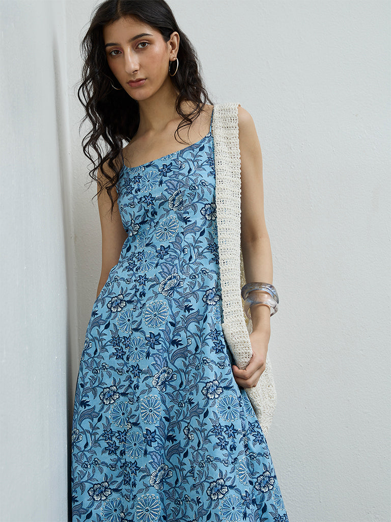 Bombay Paisley Blue Botanical Printed Cotton-Blend A-Line Dress