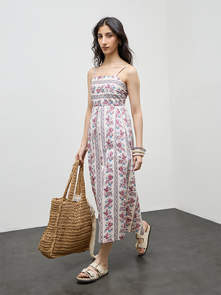 Bombay Paisley Off-White Floral Printed A-Line Cotton Dress