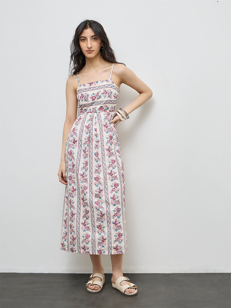 Bombay Paisley Off-White Floral Printed A-Line Cotton Dress