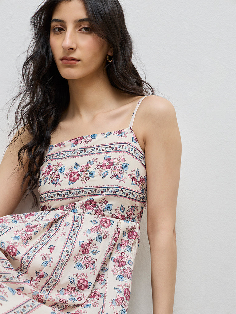 Bombay Paisley Off-White Floral Printed A-Line Cotton Dress