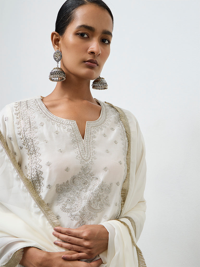 Vark Off-White Embroidered A-Line Ethnic Set