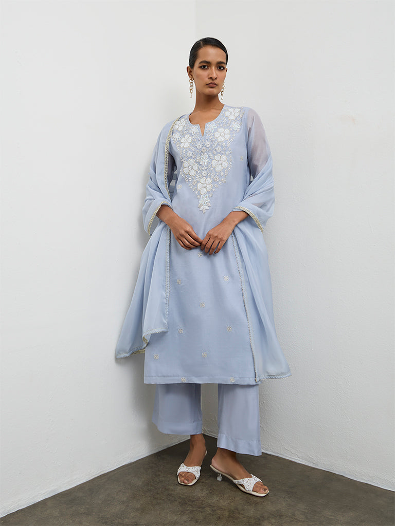 Vark Dusty Blue Embellished A-Line Ethnic Set