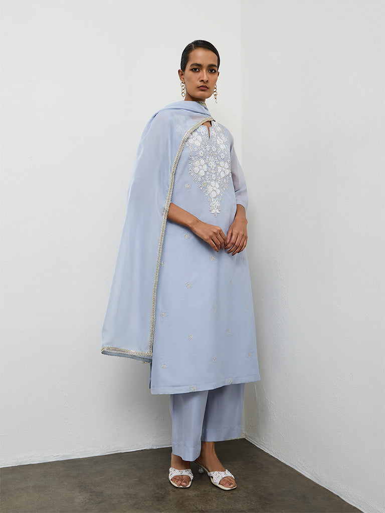 Vark Dusty Blue Embellished A-Line Ethnic Set