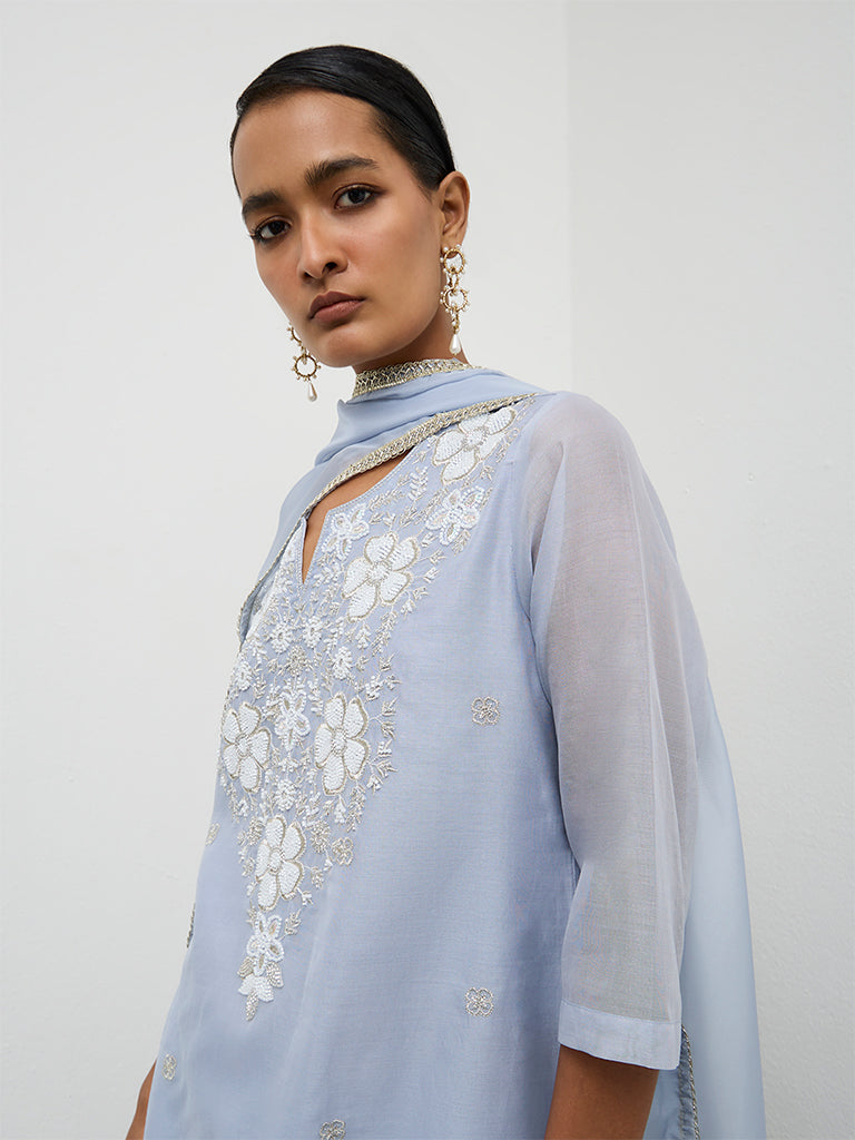 Vark Dusty Blue Embellished A-Line Ethnic Set