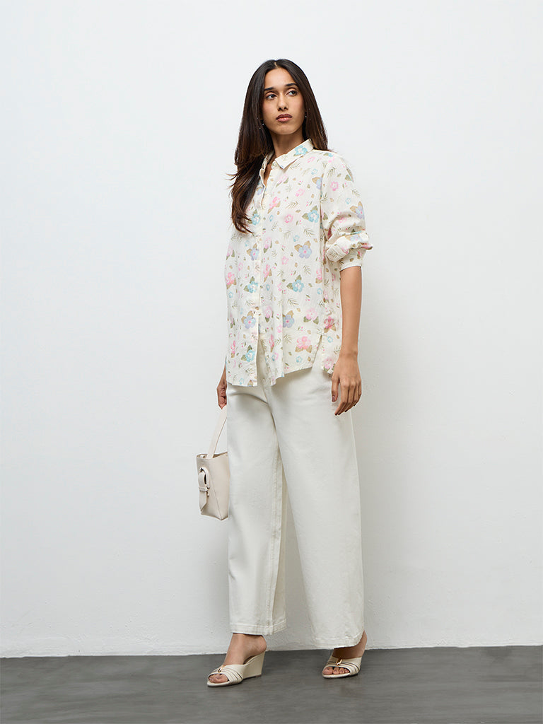 Utsa Off-White Floral Printed Cotton-Blend Tunic