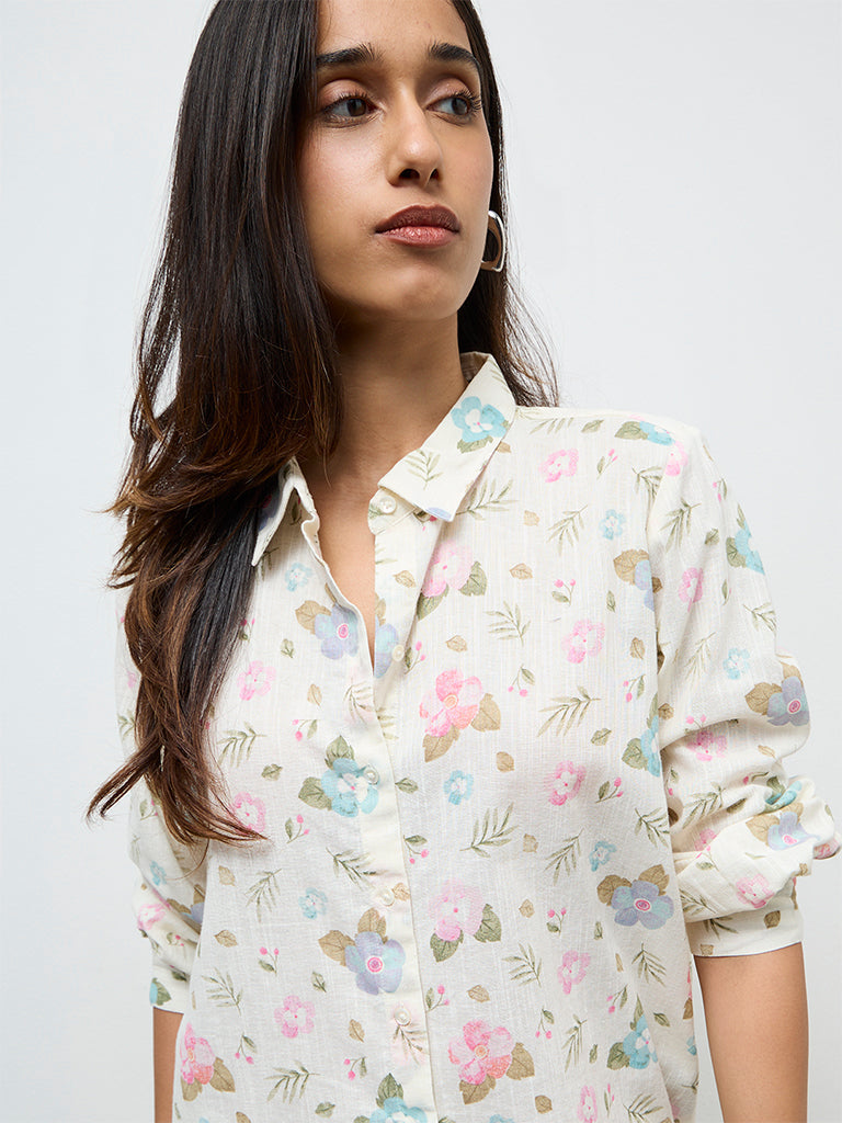 Utsa Off-White Floral Printed Cotton-Blend Tunic
