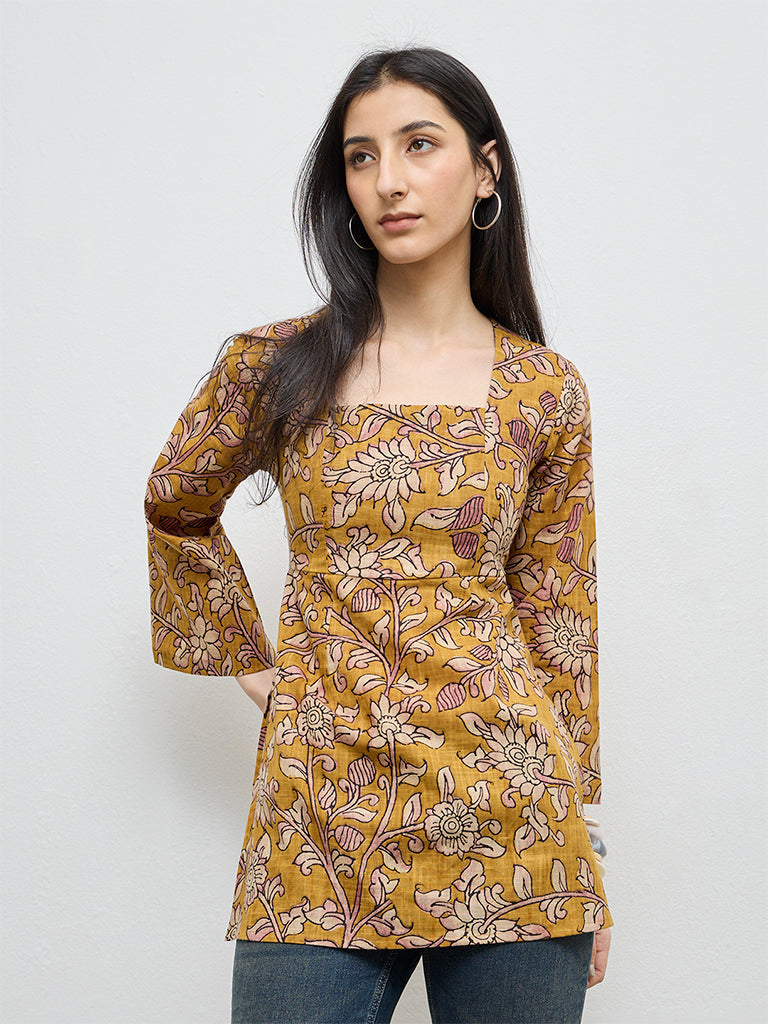 Utsa Mustard Floral Cotton Tunic