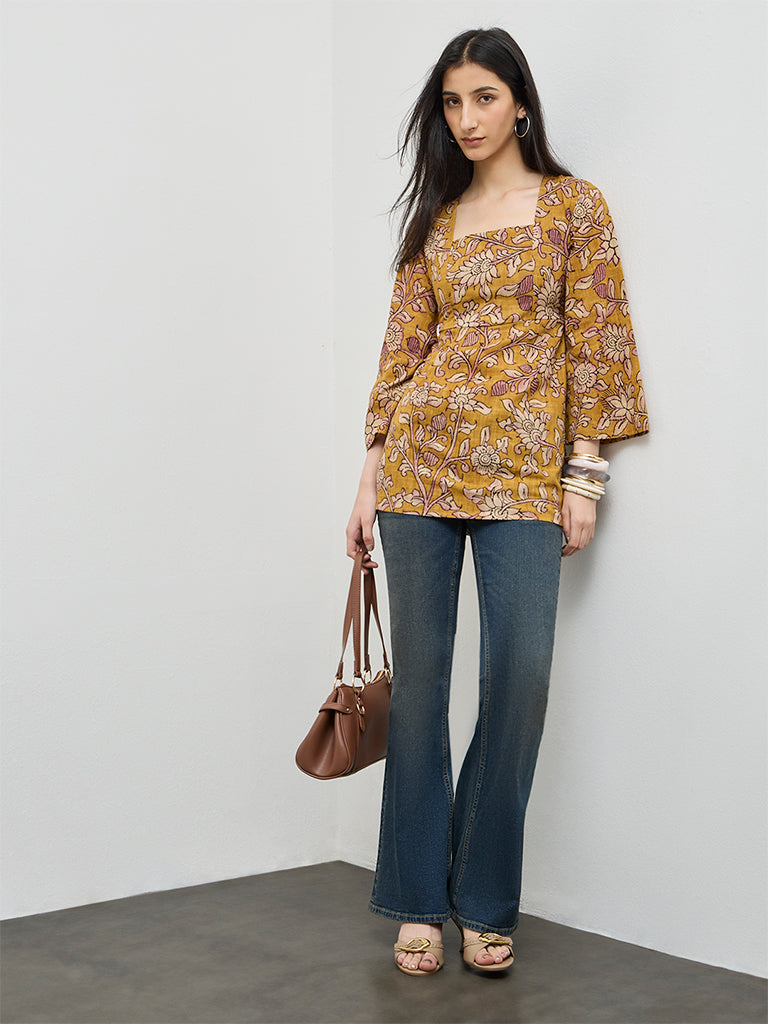 Utsa Mustard Floral Cotton Tunic