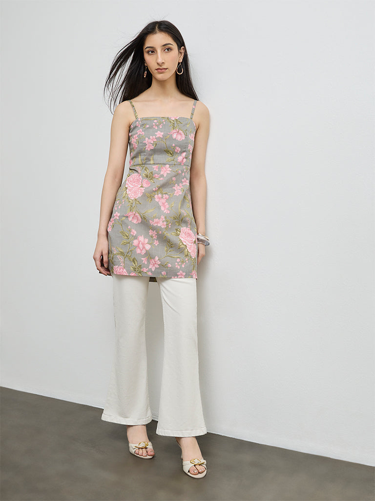 Utsa Grey Floral Cotton Tunic