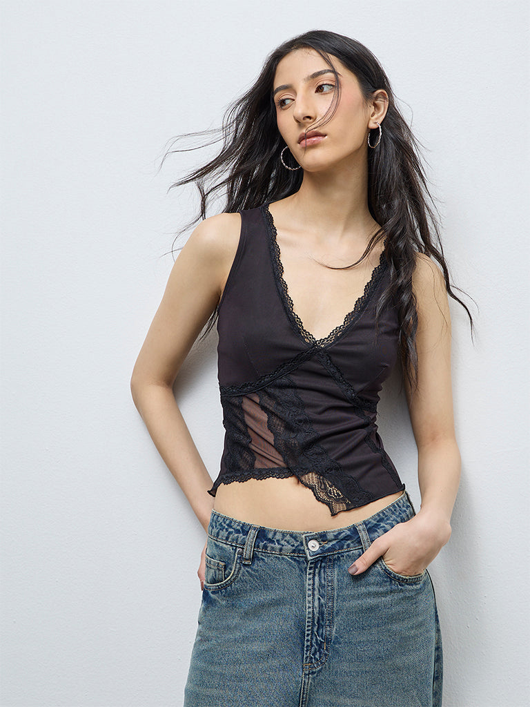 Nuon Black Lace Detailed Mesh Top