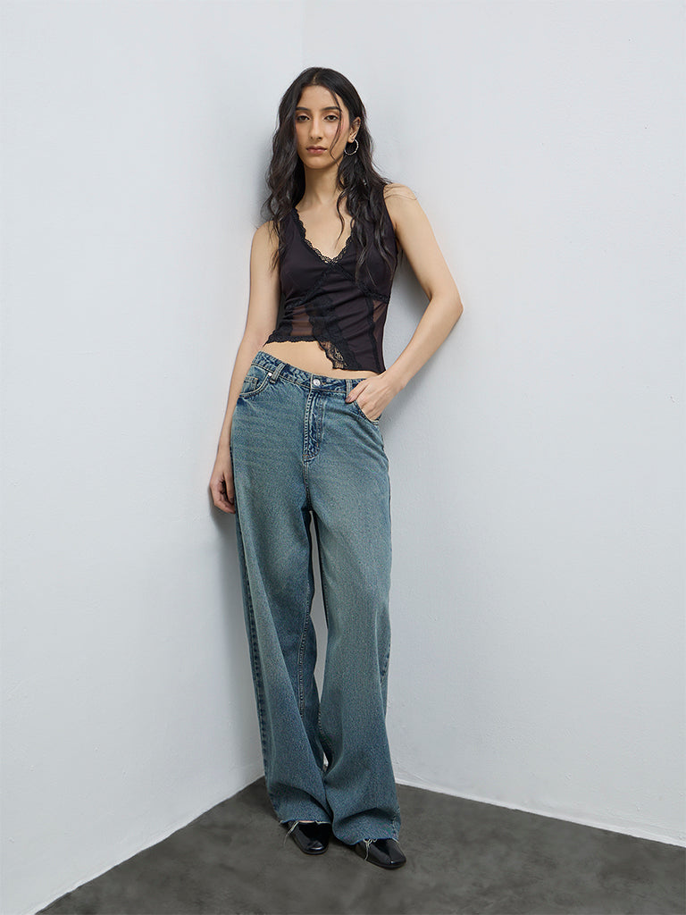 Nuon Black Lace Detailed Mesh Top