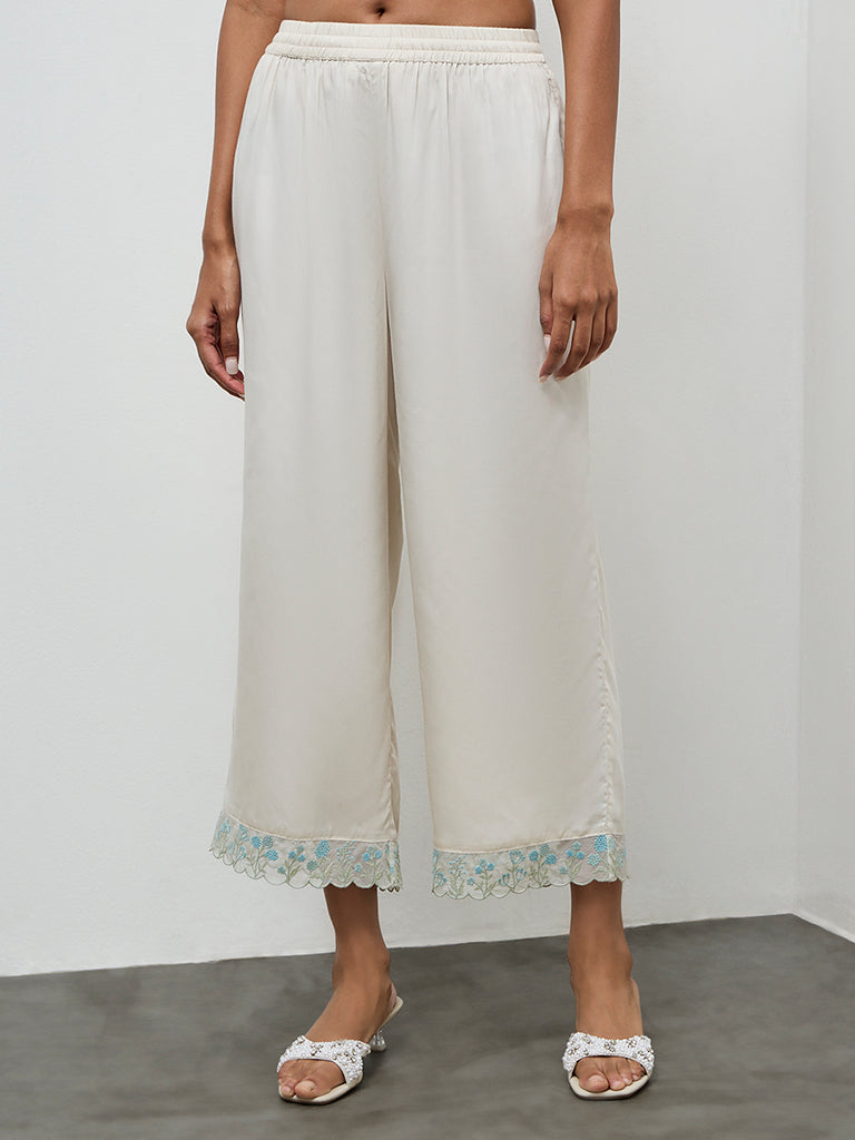 Zuba Ivory Lace-Detailed Ethnic Pants