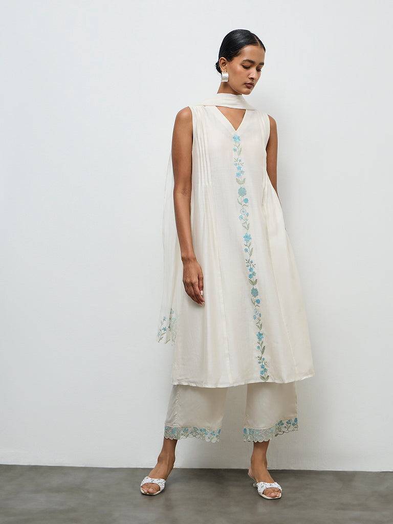Zuba Ivory Lace-Detailed Ethnic Pants