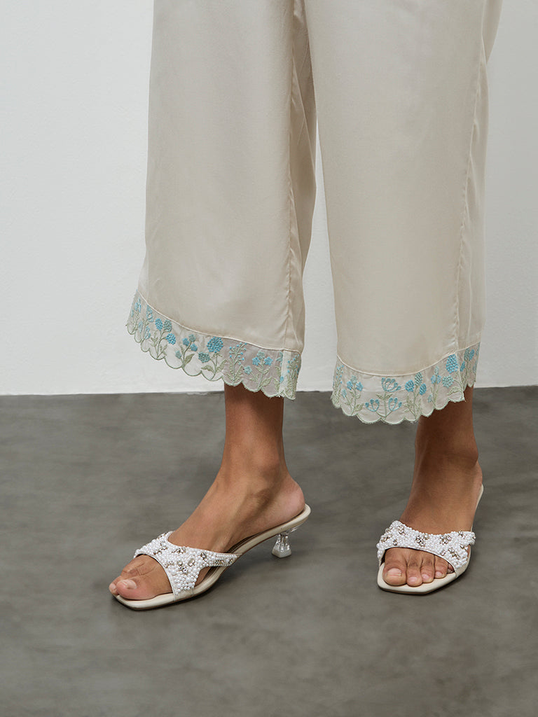 Zuba Ivory Lace-Detailed Ethnic Pants
