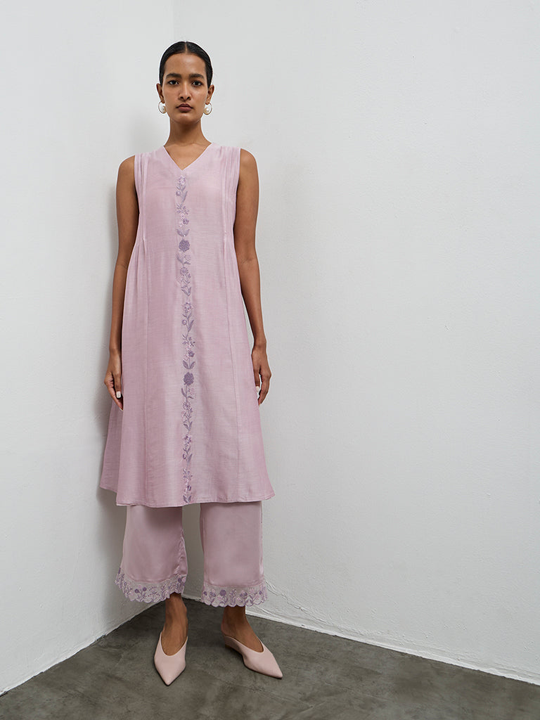 Zuba Lilac Floral Embroidered A-Line Kurta