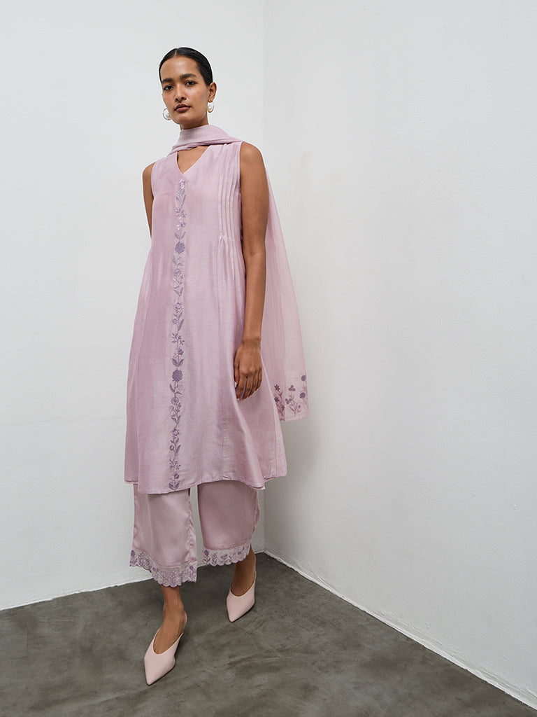Zuba Lilac Floral Embroidered A-Line Kurta