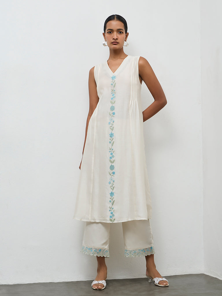 Zuba Ivory Embroidered Cotton-Blend A-Line Kurta
