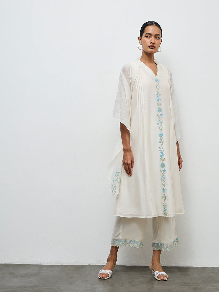 Zuba Ivory Embroidered Cotton-Blend A-Line Kurta