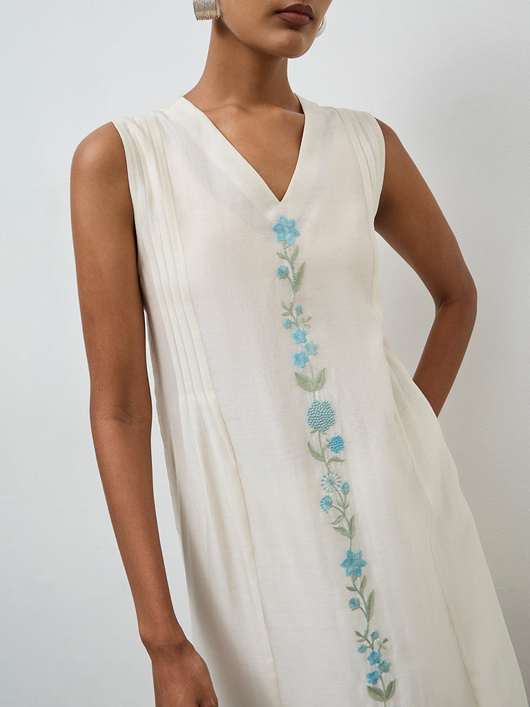 Zuba Ivory Embroidered Cotton-Blend A-Line Kurta