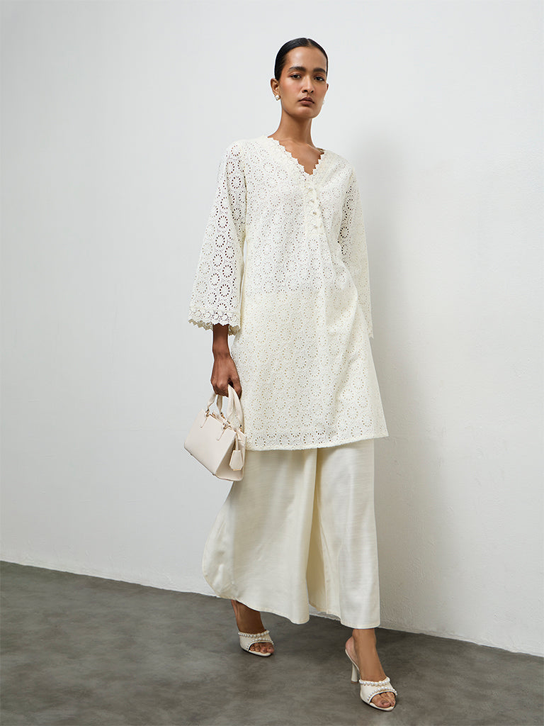 Zuba Ivory Schiffli Embroidered Cotton A-Line Kurta