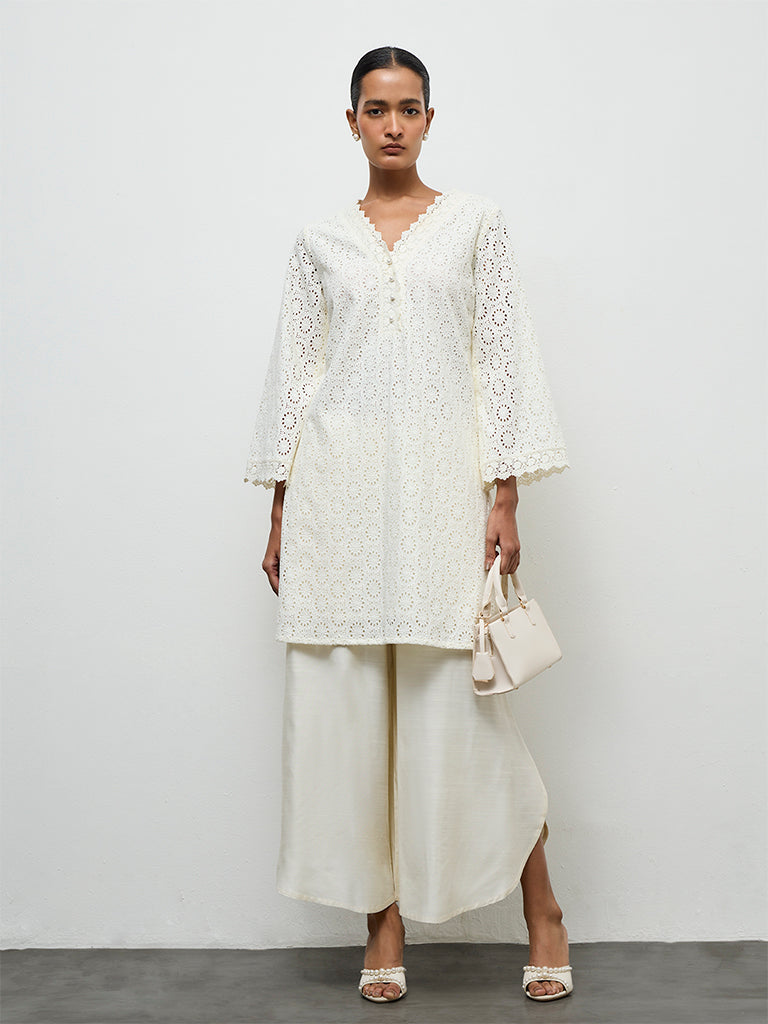 Zuba Ivory Schiffli Embroidered Cotton A-Line Kurta