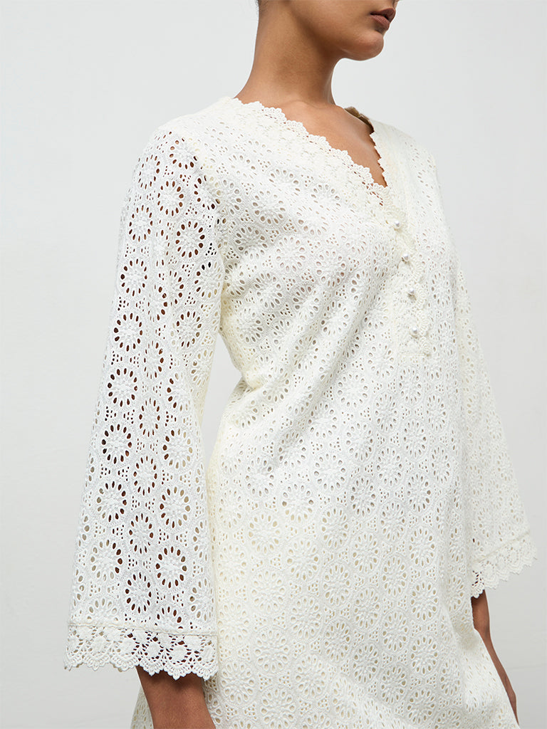 Zuba Ivory Schiffli Embroidered Cotton A-Line Kurta