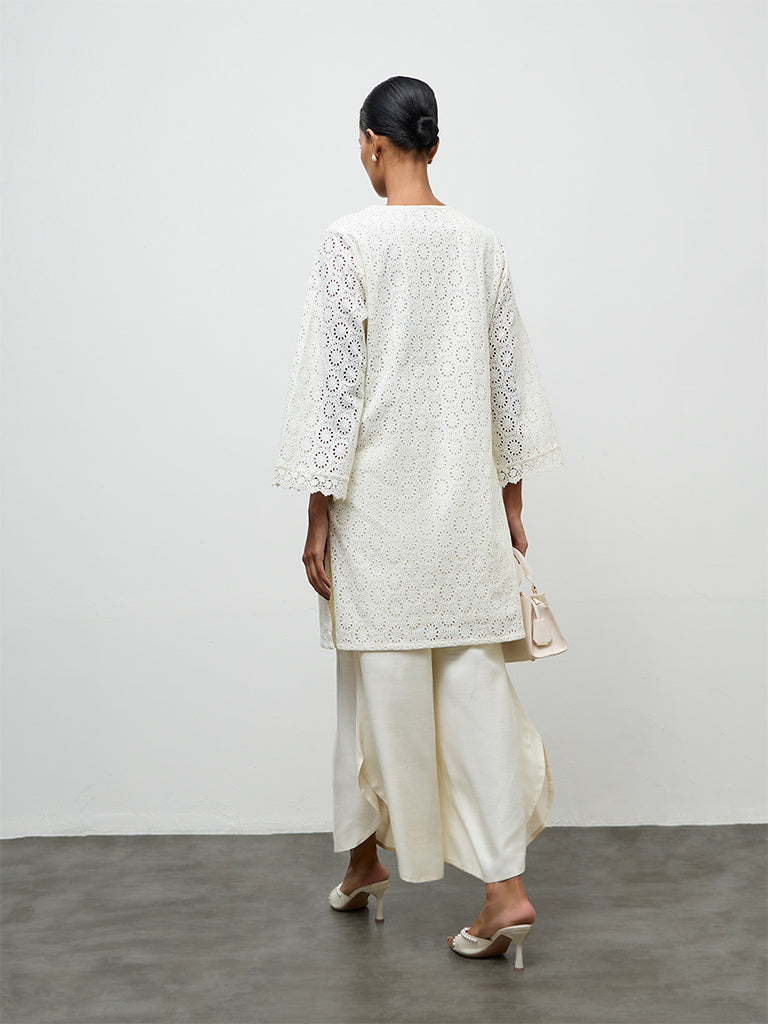 Zuba Ivory Schiffli Embroidered Cotton A-Line Kurta