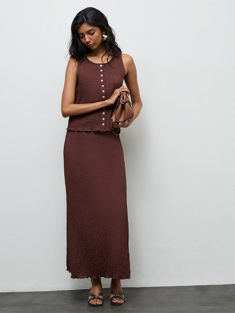 LOV Brown Crinkle-Texture High-Rise Skirt