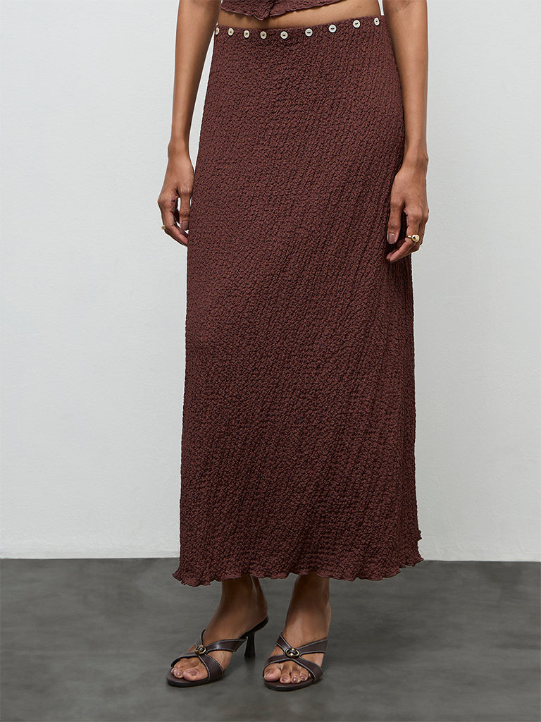 LOV Brown Crinkle-Texture High-Rise Skirt