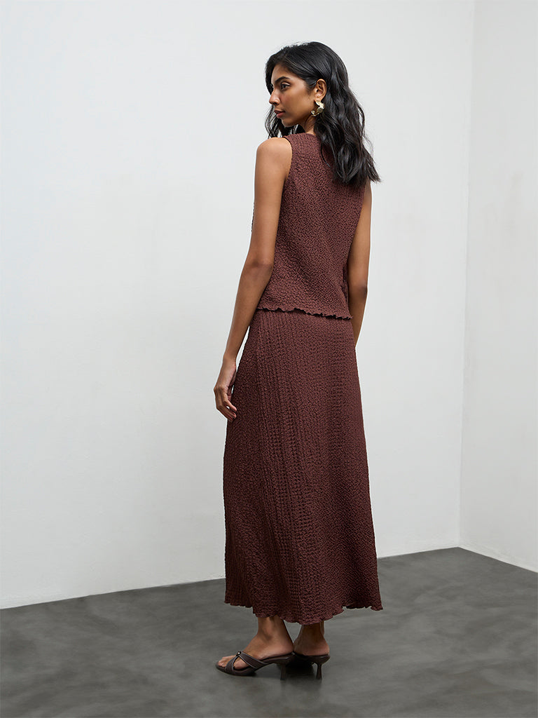 LOV Brown Crinkle-Texture High-Rise Skirt
