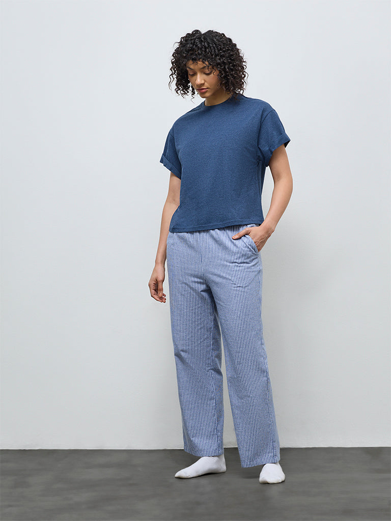 Wunderlove Blue Striped High-Rise Cotton-Blend Pants
