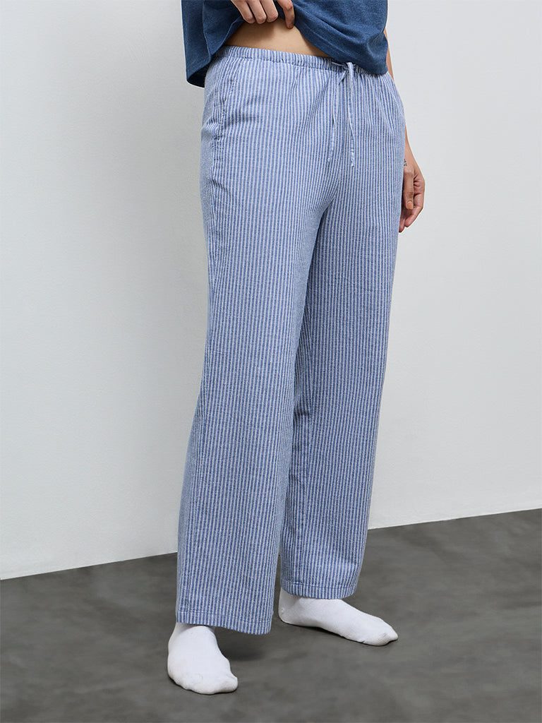 Wunderlove Blue Striped High-Rise Cotton-Blend Pants