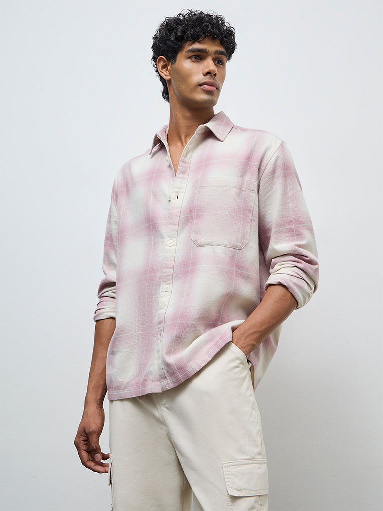 Nuon Pink Checks Pattern Relaxed-Fit Cotton Shirt