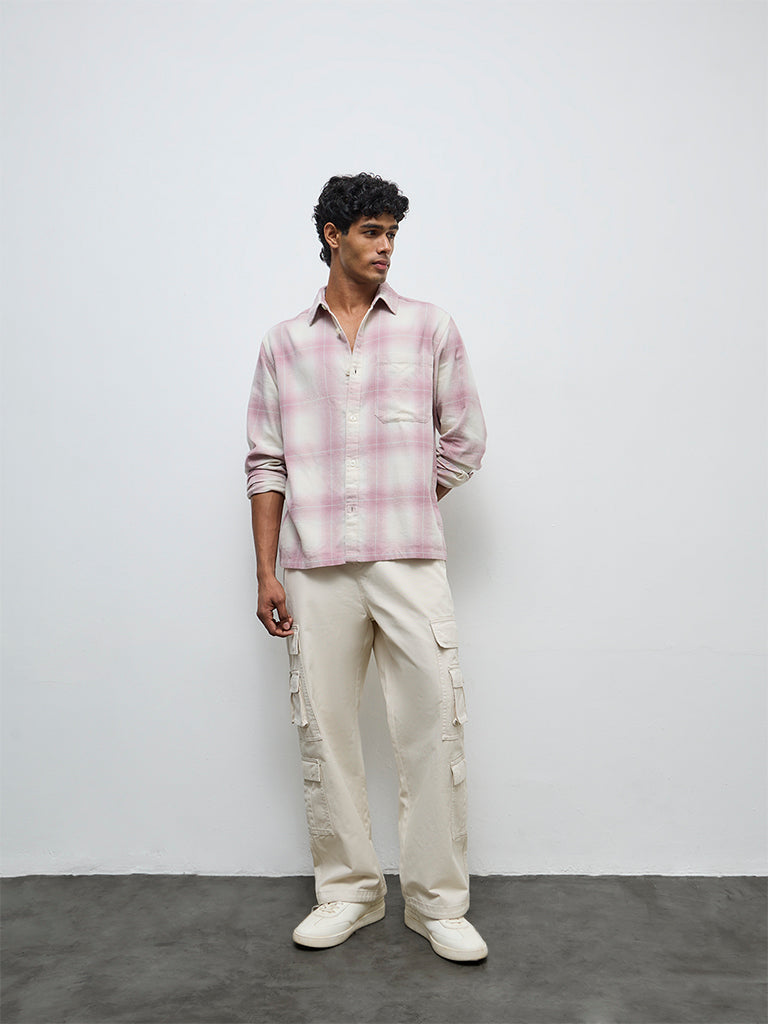 Nuon Pink Checks Pattern Relaxed-Fit Cotton Shirt