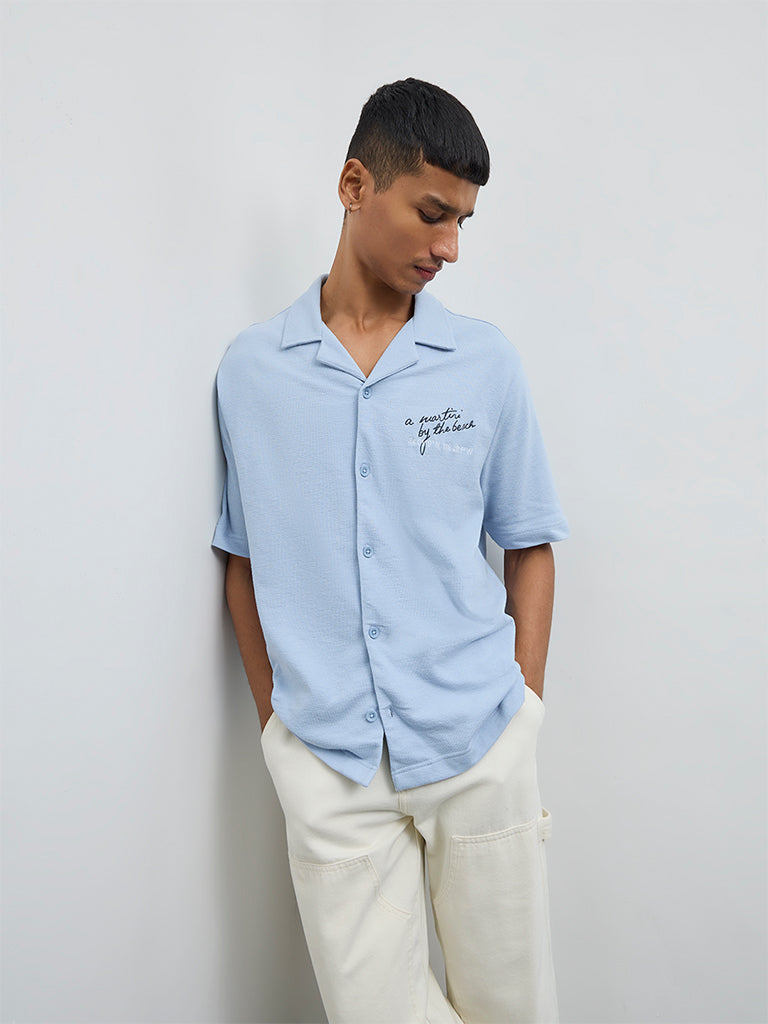 Nuon Blue Embroidered Relaxed-Fit Shirt