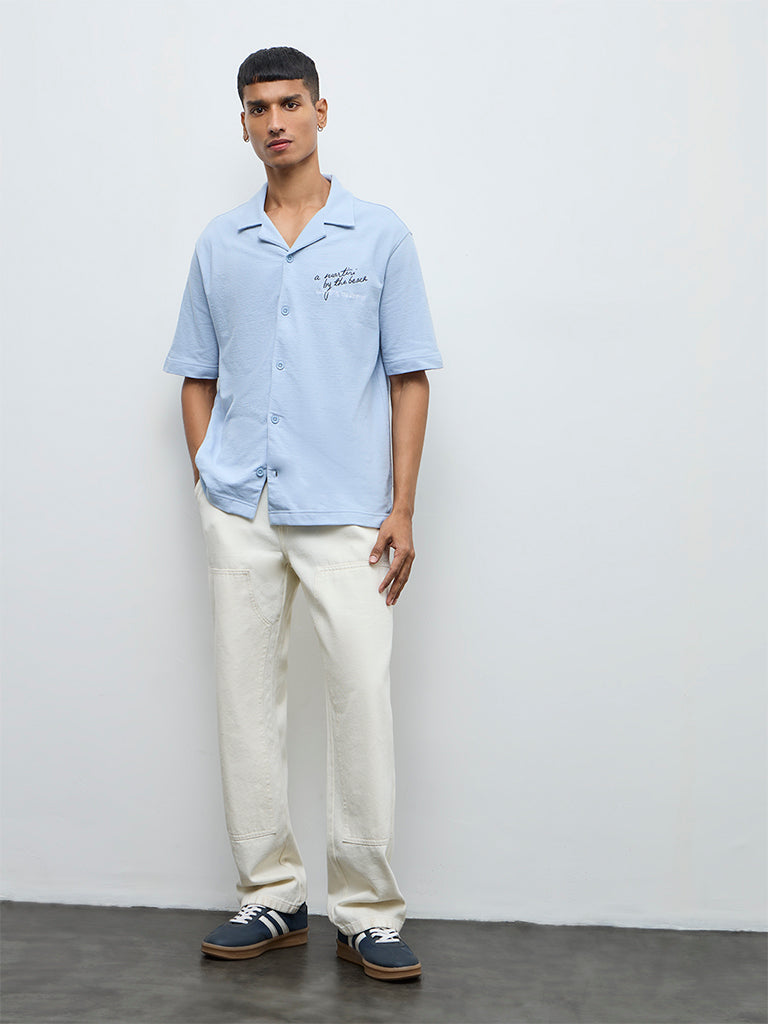 Nuon Blue Embroidered Relaxed-Fit Shirt