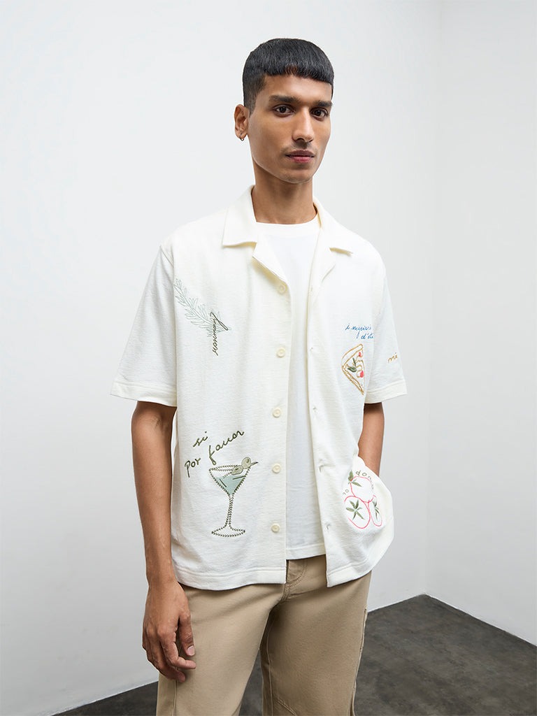 Nuon Cream Embroidered Relaxed-Fit Cotton Shirt