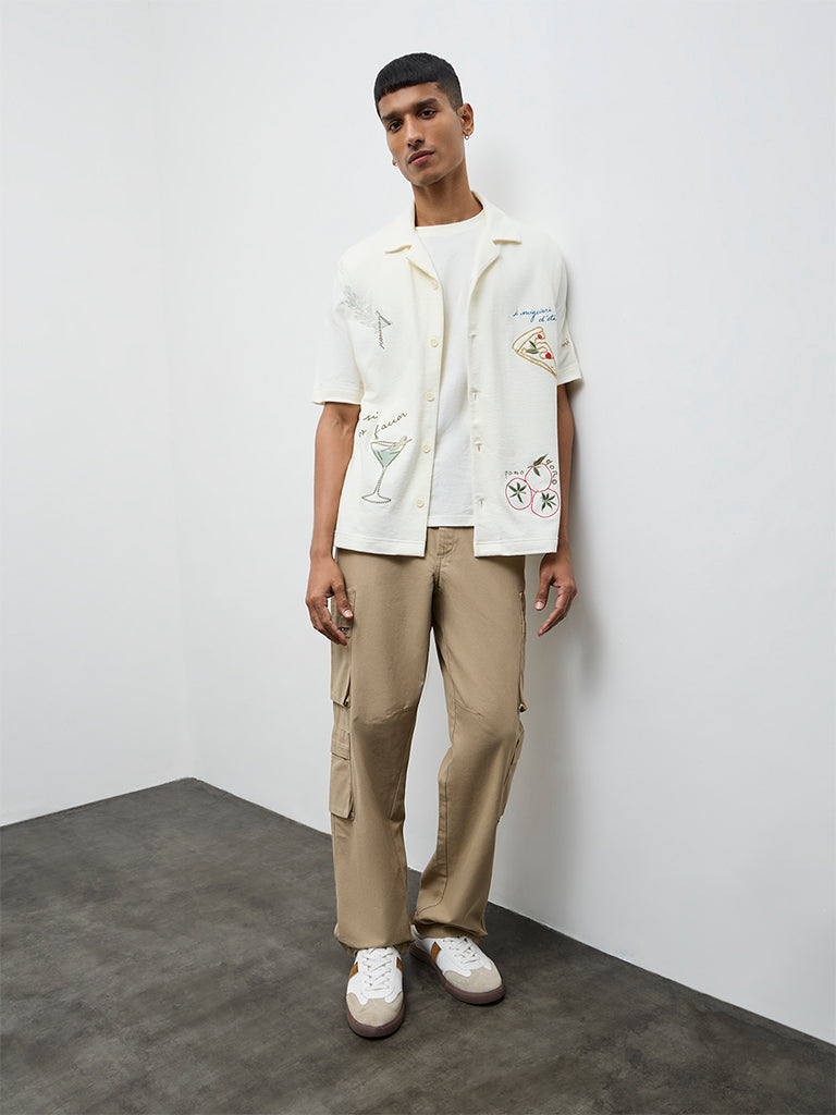 Nuon Cream Embroidered Relaxed-Fit Cotton Shirt