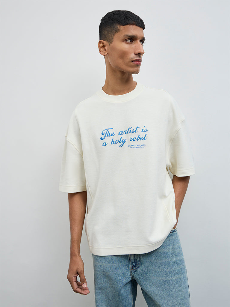 Nuon Off-White Embroidered Relaxed-Fit Cotton T-Shirt