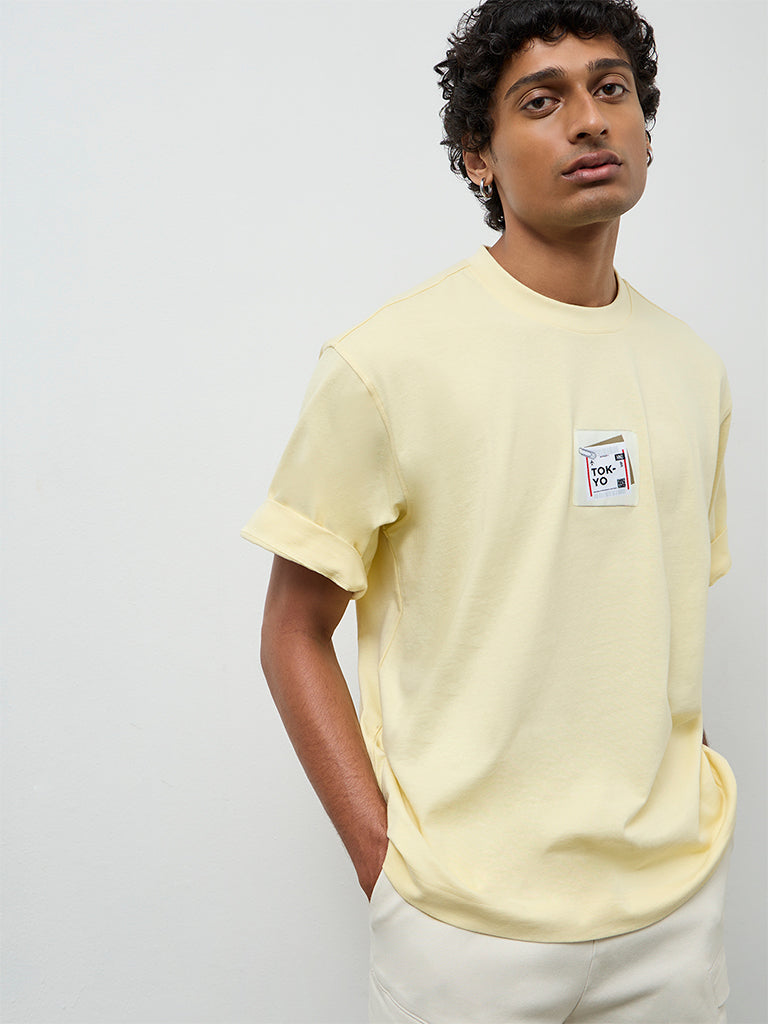Nuon Light Yellow Printed Relaxed-Fit Cotton T-Shirt