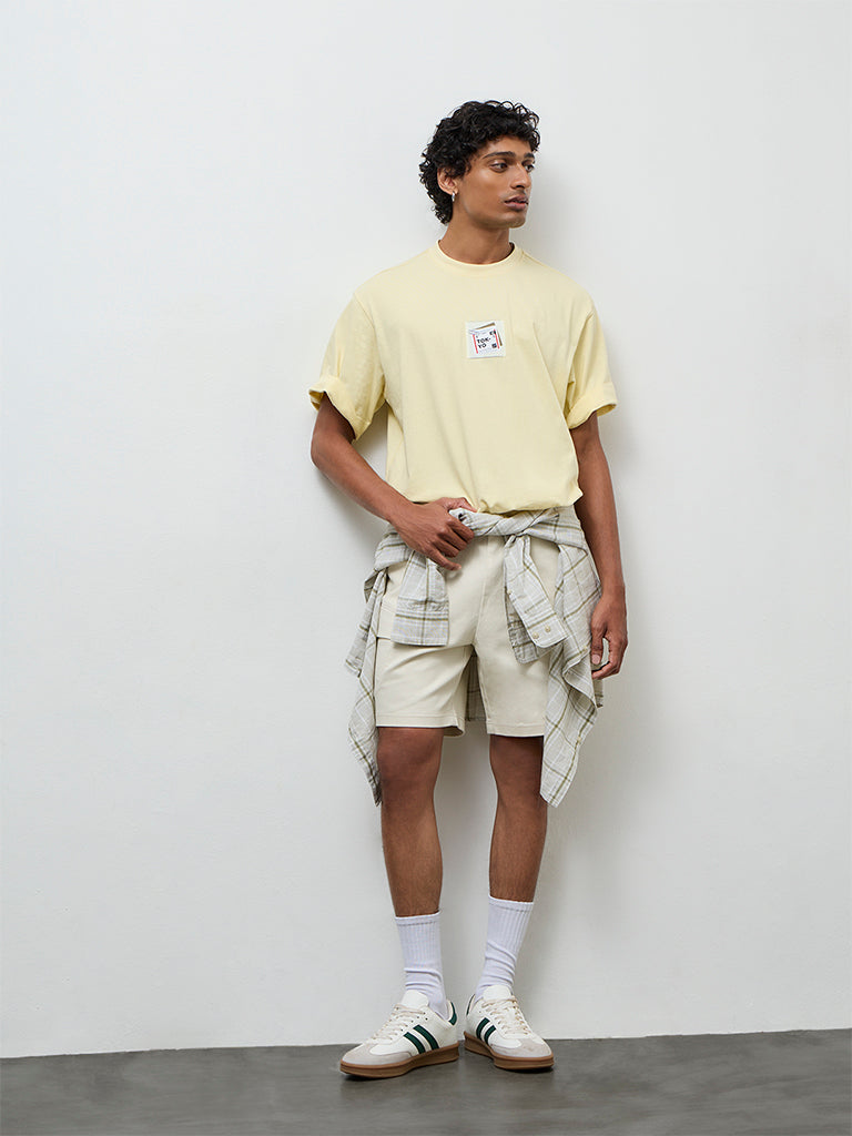 Nuon Light Yellow Printed Relaxed-Fit Cotton T-Shirt