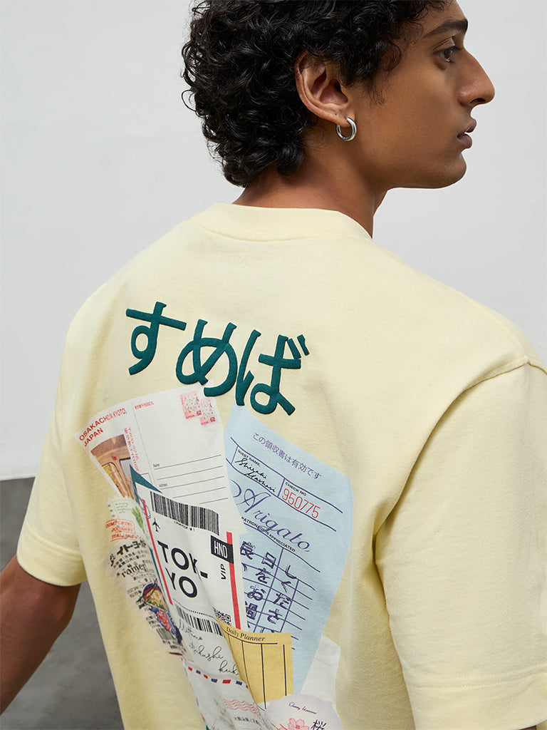 Nuon Light Yellow Printed Relaxed-Fit Cotton T-Shirt