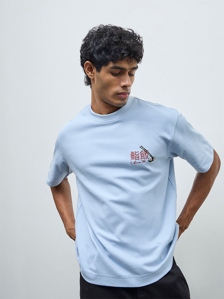Nuon Light Blue Printed Relaxed-Fit Cotton T-Shirt